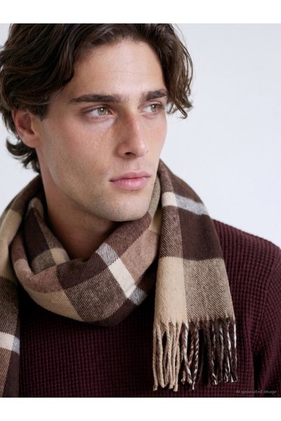 LC Waikiki Checkered Embroidered Men's Scarf by Uzg Store for Style Enthusiasts
