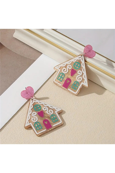 Choice Bronze Pair of Acrylic Gingerbread House Earrings with Heart Accents -...
