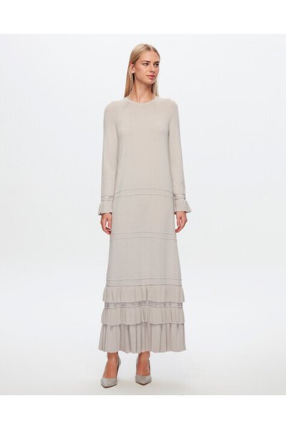 MISS DALIDA T24Y-4000 Etek Ucu ve Bileği Fırfırlı Triko Elbise 1398-LIGHT GREY