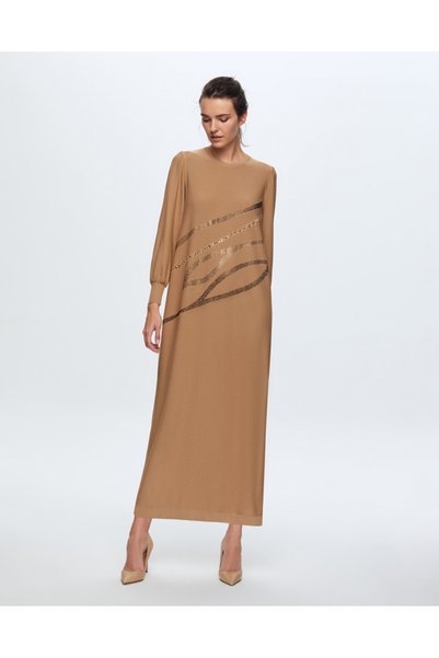 MISS DALIDA T24K-4012 Balon Kollu Parlak Taşlı Elbise 1380-CAMEL