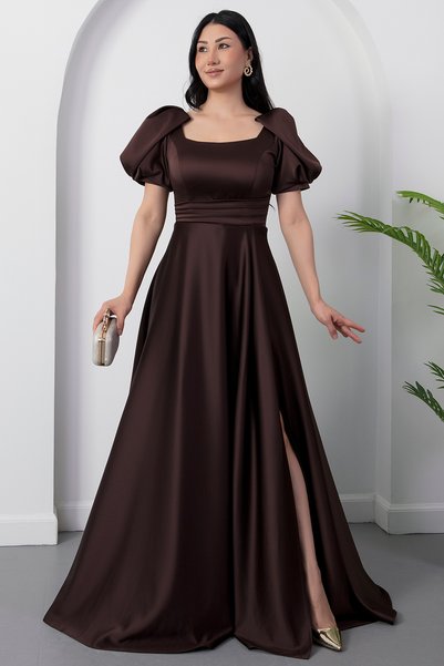 PULLIMM Square Neck Flounce Sleeve Long Satin Dress Drp570