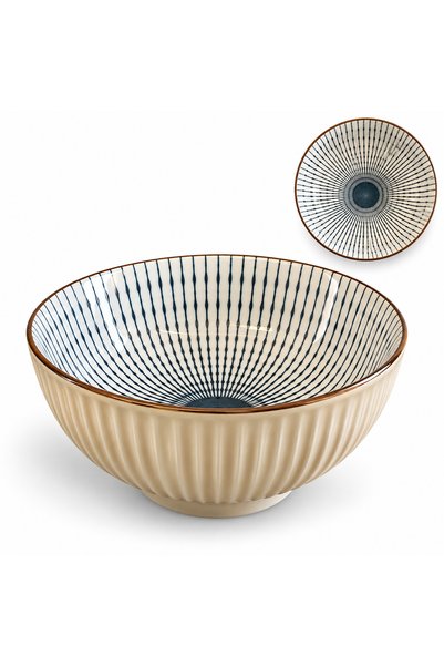 fara marca Bol ceramic cu dungi radiale – Exterior texturat bej, pentru servire