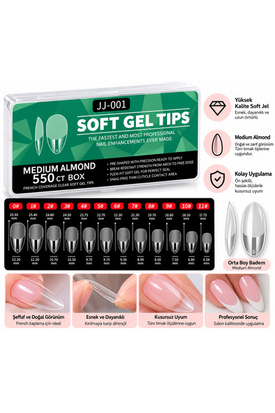 Anıl Gel Polish Protez Soft Gel Tips ; Tips Badem Model 550 Adet ; 10 Farklı Boy