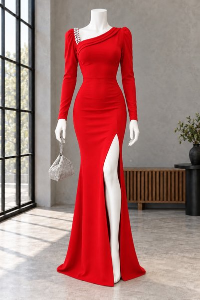 Modafeminen Zyran Sleeve Detail Slit Evening Dress 582755 Red