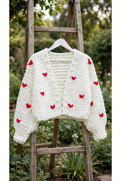 HÜMANATURAL Knitted Detail Red-Accented Puffy Cardigan, Chunky Cardigan, Pint...