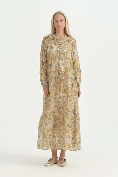 Nihan Floral Desenli Büzgülü Elbise - Olive