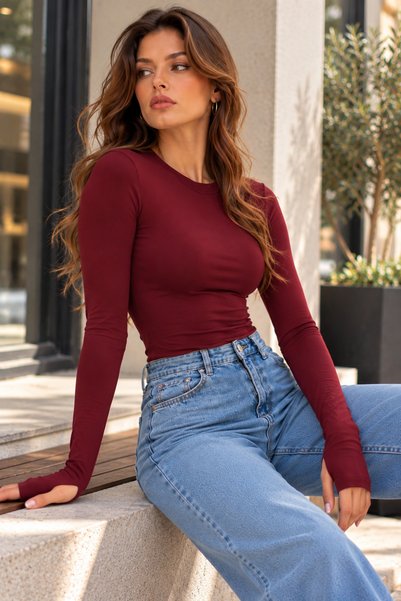 Bukamiss Kadın Bordo  Bisiklet Yaka Parmak Detaylı Body