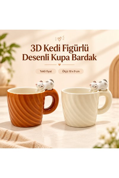 Store 3D Kedi Figürlü Desenli Kupa Bardak 10x9 Cm Büyük Boy Sevimli Dekoratif