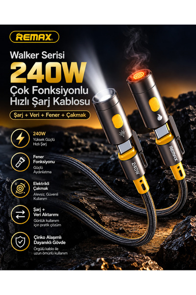 Remax Walker 240W Type-C to Type-C Çakmaklı ve Fenerli Örgü Şarj Kablosu CB21