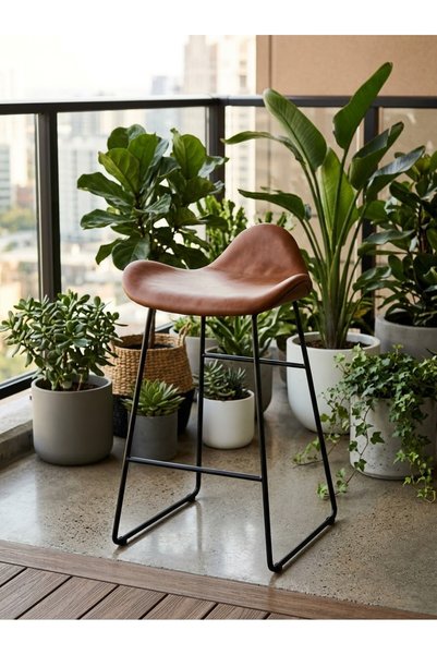 IN HOME STORE Modern Bar Chair with Brown Leather and Black Metal Base