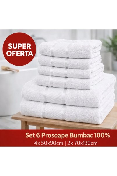 OEM Set 6 prosoape bumbac 100% albe, 4 față/mâini + 2 corp
