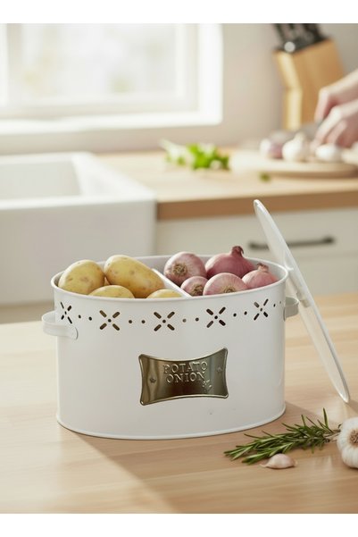 EVSTYLE Metal Bölmeli Patates Soğan Kovası - Beyaz - 18 Lt