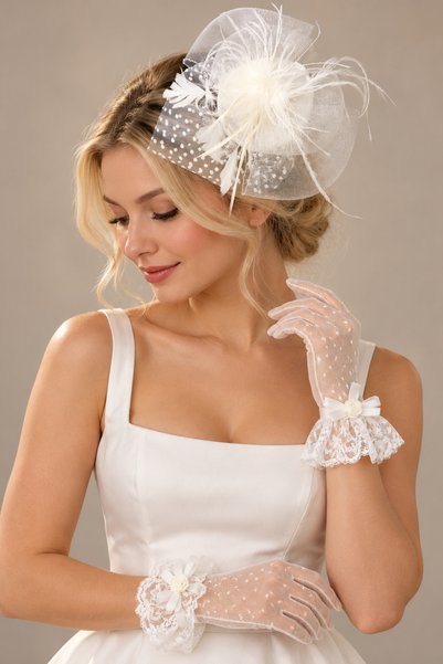 Hayalperest boncuk Beyaz Dantelli Eldiven-Puantiyeli Vualet Nikah Şapkası