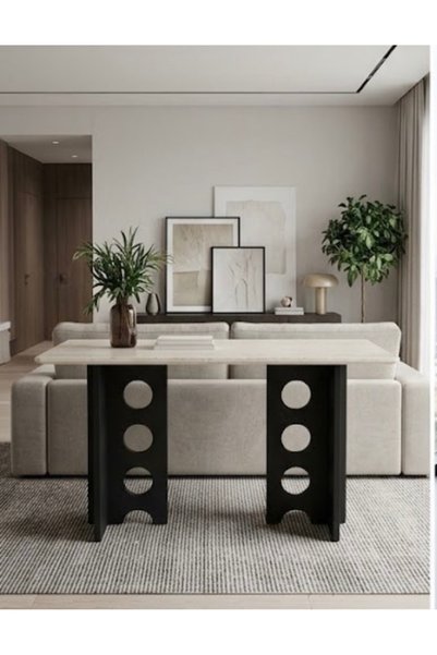 IN HOME STORE طاولة قهوة عصرية بسطح رخامي وأرجل سوداء بتصميم هندسي مميز