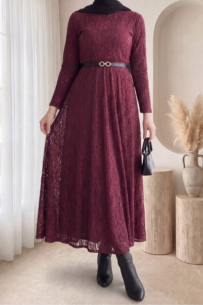 Modamorfo Belted Lined Guipure Lace Dress - Burgundy