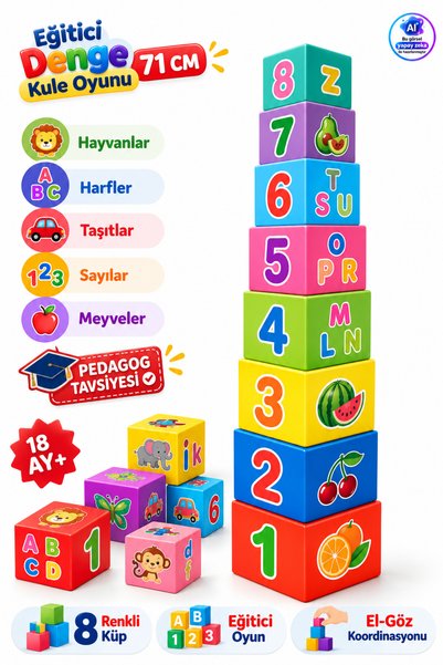 YILDIRIM OYUNCAK Eğitici Denge Kule Oyunu 71 cm - Denge Küpleri Kule Oyunu