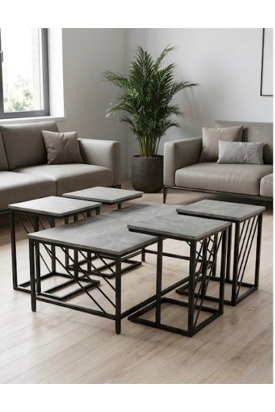 IN HOME STORE طاولة خدمة ووحدات متداخلة سطح خشبي رمادي وقواعد معدنية سوداء