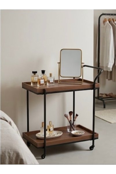 IN HOME STORE طاولة خدمة بعجلات طبقتين خشب ومعدن بني