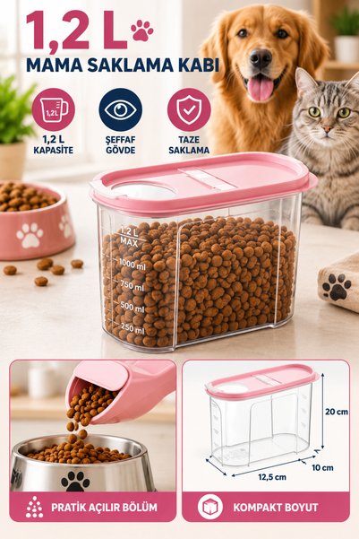 Hane Dostu 1,2 Litre Şeffaf Kapaklı Ölçülü Kedi Köpek Mama Saklama Kabı Kuru ...