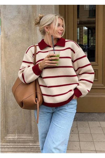 moda mh Γυναικείο πουλόβερ με ριγέ στυλ OVERSIZE με πλεκτό γιακά πόλο ΣΕΛΑΝΙΚ