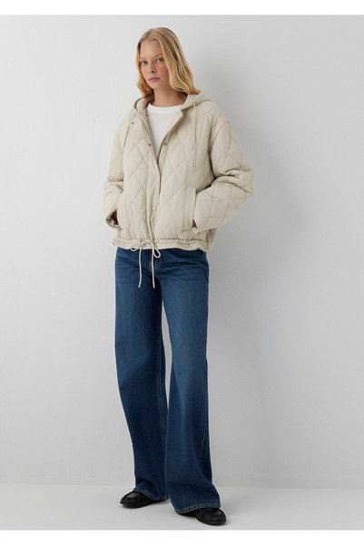 Mavi Kapüşonlu Kapitone Ekru Mont Loose Fit / Bol Rahat Kesim 1110911-70037