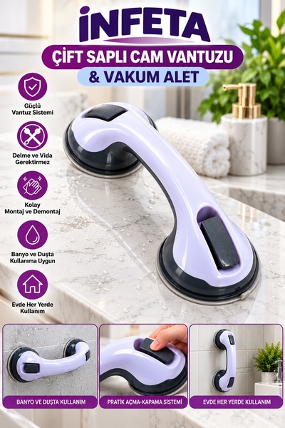 İnfeta Mâner de baie cu ventuze duble, cu sistem de vid, antiderapant, cu sis...