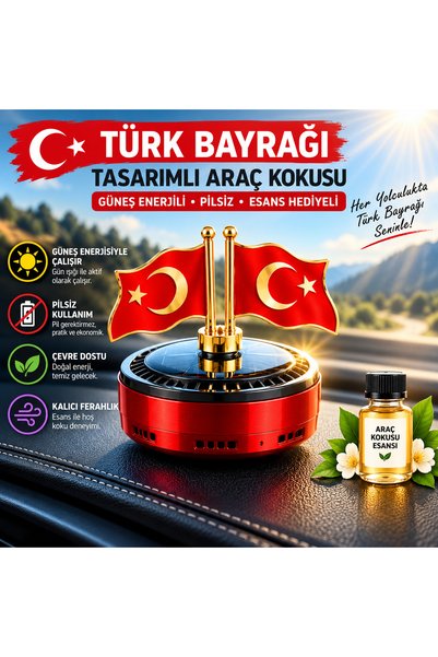 ROXİVA Solar Powered Car Fragrance with Turkish Flag Design, Metal Flag, Batt...