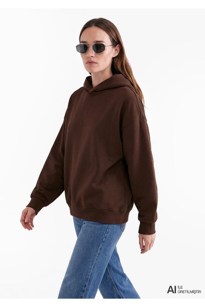 Mavi Kapüşonlu Kahverengi Basic Sweatshirt 1S10575-70236