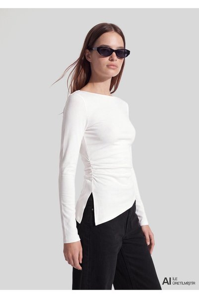 Mavi Asimetrik Kesimli Uzun Kollu Top Fitted / Vücuda Oturan Kesim 1614392-80194