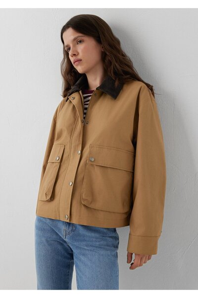 Mavi Kadife Yaka Detaylı Bej Ceket Loose Fit / Bol Rahat Kesim 1110916-81388