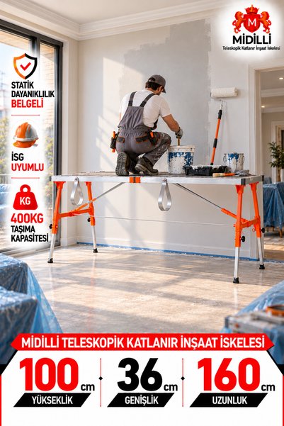 Midilli Teleskopik Alüminyum Gövdeli Çelik Ayaklı Teleskopik Katlanır İnşaat İskelesi - 400 Kg Taşıma Kapasitesi 100x36x160cm