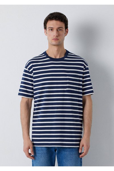 Mavi Çizgili Lacivert Tişört Loose Fit / Bol Rahat Kesim 0613516-70490