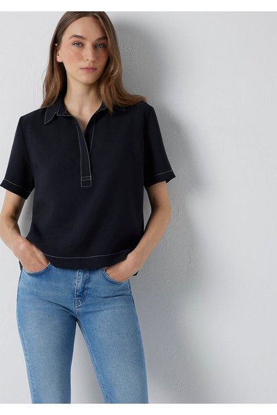 Mavi Tencel ™ ) Lyocell Blended Polo Collar Black Blouse 1220428-900