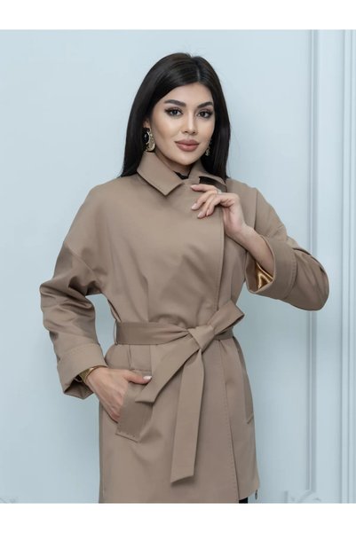 Eccim Fashion Fermuar Yırtmaçlı Broşlu Kısa Kadın Trençkot