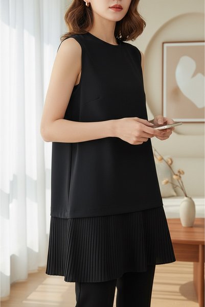 HİJABAYA Pleated Skirt, Zero Sleeves, Hip Length, Crew Neck, Islamic Modal Un...