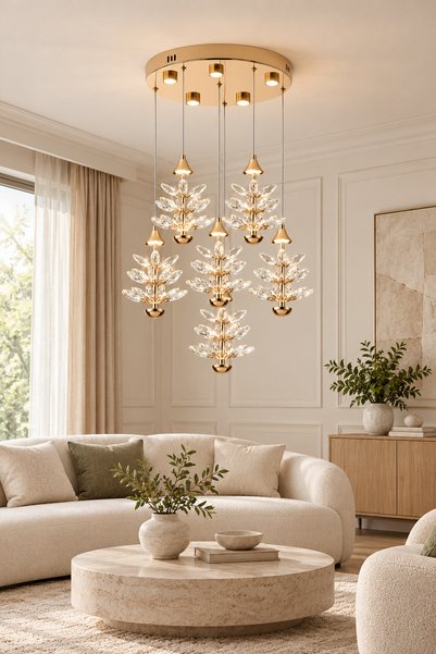 Apliqa Serap 6'Lı 65 Watt 3000K Yuvarlak Gold Kristal Taşlı Ledli Salon Avize