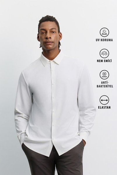 Avva Men's White Glue-Taped Detailed Textured Technical Classic Collar Long S...