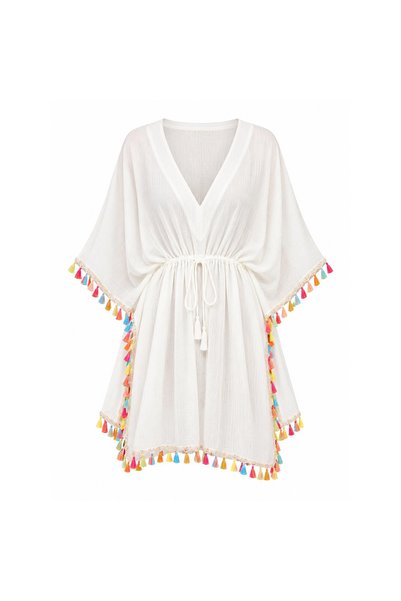 eva clothing Women's White Waist Lace-Up Tassel Pareo