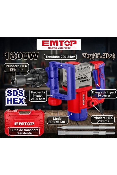 EMTOP Ciocan demolator HEX, 1300W, 20J, 2 dălți, 7kg, ambalat în cutie de tra...