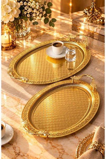 Le Paon 2’li Paslanmaz Çelik Gold Oval Tepsi Seti – Desenli Servis ve Sunum T...