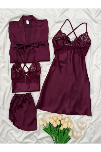 Lena Homewears Kadın Magic 4’lü Dantelli Saten Gecelik, Sabahlık ve Şortlu Set