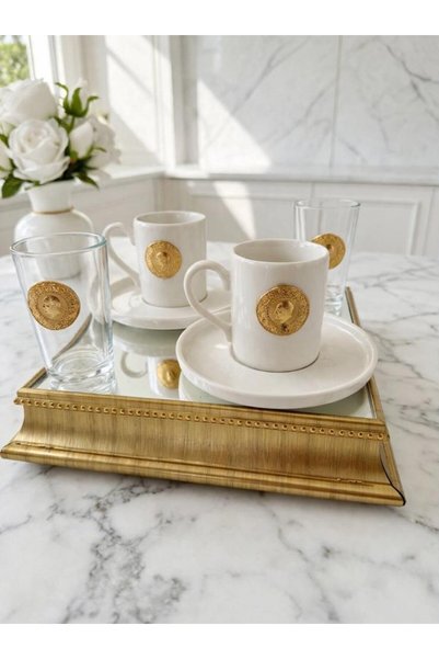 WERONY Gold Figured Coffee Set for 2 People, 2 Cups, 2 Glasses