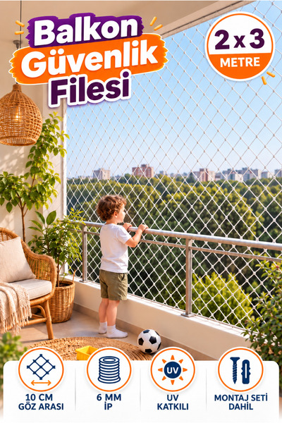 KONAK FİLE 2 METRE X 3 METRE Balkon Çocuk Güvenlik Filesi 6 MM Kalınlığında - 10X10 Koruma Merdiven İş Ağı