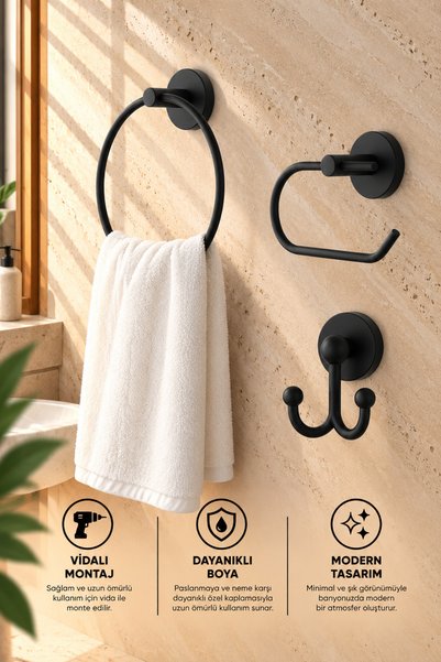 ERFAHOME Black Open Toilet Paper Holder / Ring Towel Holder / Fork Robe Holde...
