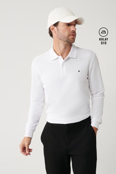Avva Men's White Non-Curling Polo Collar Easy-Iron Basic Sweatshirt B001080
