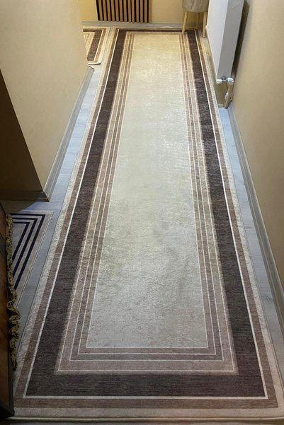 VOPTEKS Bej Vizon Halı Yolluk Makinede Yıkanabilir Kaymaz Taban Halı