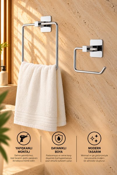 ERFAHOME Kare Yapışkanlı Kare Havluluk / Açık Tuvalet Kağıtlığı 2li Banyo Seti