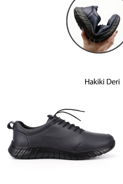 GÖNDERİ(R) Men's Navy Blue Antique Lace-Up Rubber Sole Genuine Leather Sneaker