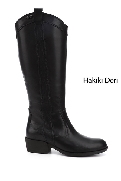 GÖNDERİ(R) Women's Black Zippered Thick Heeled Genuine Leather Cowboy Boots