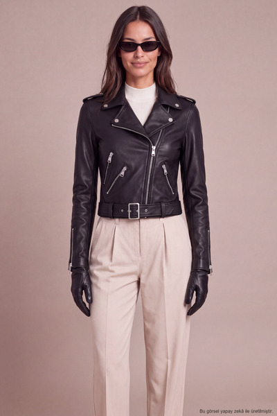 Freemen Women's Black Leather Jacket - Belt Detailed Zippered Crop Leather Ja...